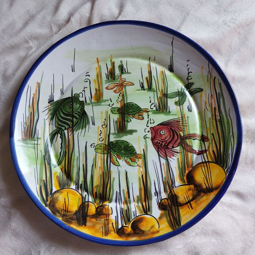 Vintage Talavera Pottery plate handpainted with fish and turtle design 15" decor